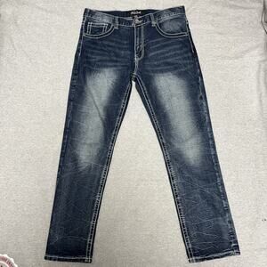 True Luck Men’s Jeans Sz 36X32 Blue Embroidered Pocket Denim Straight Leg